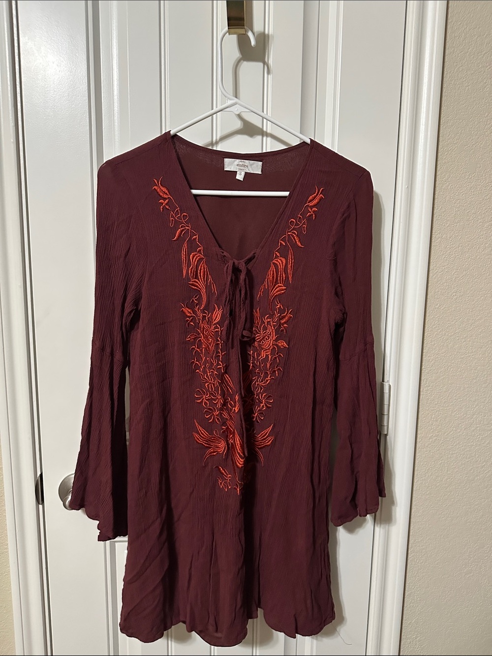 entro Burgundy Long-Sleeve Embroidered Dress with Red Accents